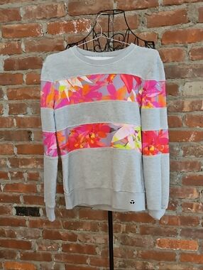Trina Turk Heather Gray Colorful Banded  Knit Crewneck